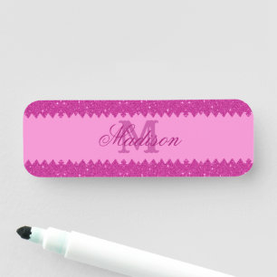 Girly pink glitter zigzag, monogram name tag