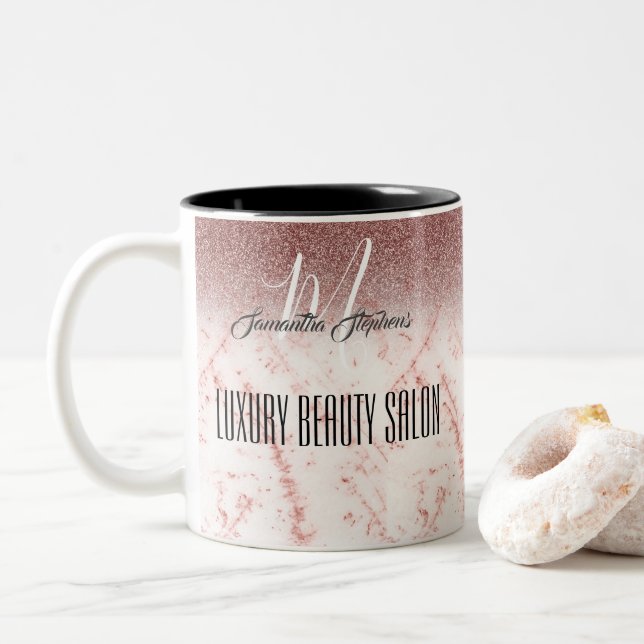 Girly Pink Glittery Luxury Beauty Salon Two-Tone Coffee Mug (With Donut)