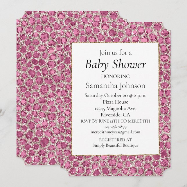 Girly Pink Glitzy Glam Glitter Leopard Baby Shower Invitation (Front/Back)