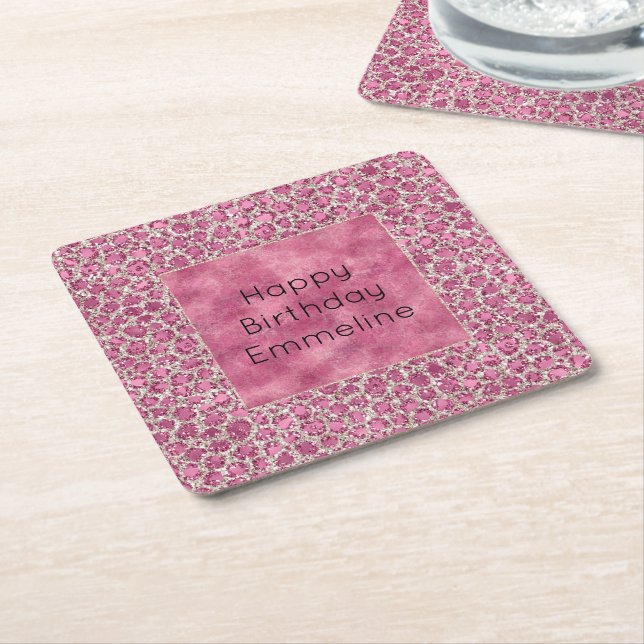 Girly Pink Glitzy Glam Glitter Leopard Print      Square Paper Coaster (Angled)