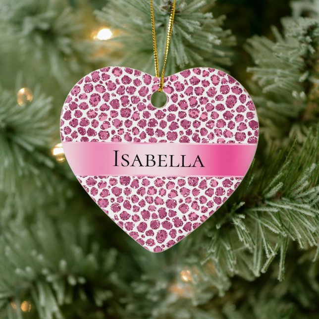 Girly Pink Glitzy Leopard Personalised Name Ceramic Ornament (Tree)