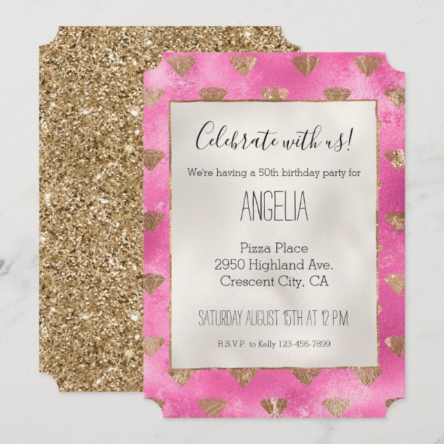Girly Pink Gold Diamonds Invitation (Front/Back)