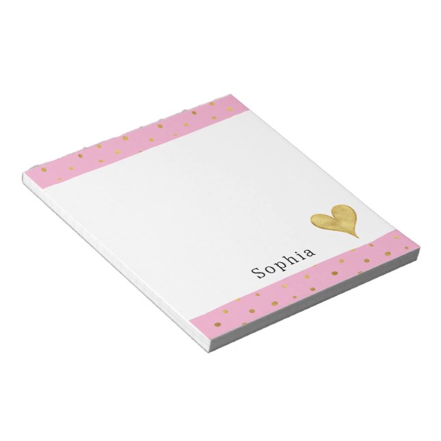 Girly Pink Gold Dots Heart  Notepad (Angled)