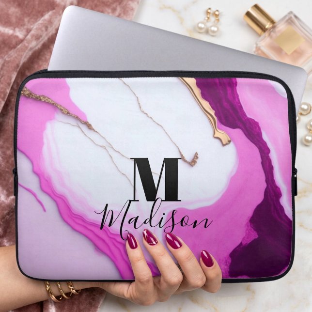 Girly pink gold drips white marble monogram laptop sleeve (Creator Uploaded)