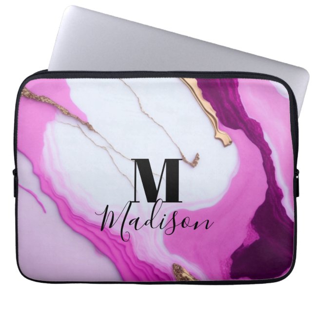 Girly pink gold drips white marble monogram laptop sleeve (Front)