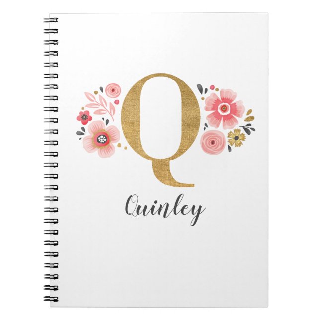 Girly Pink Gold Floral Monogram Letter Q Notebook (Front)
