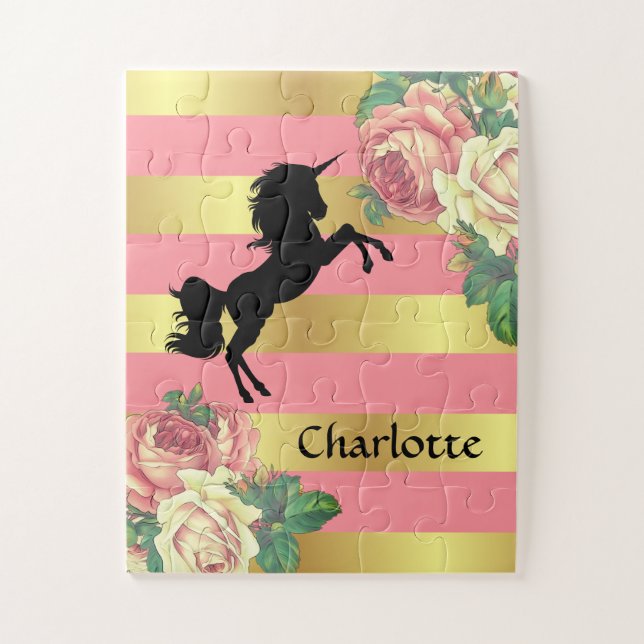 Girly Pink & Gold Floral Unicorn with Name Jigsaw Puzzle (Vertical)