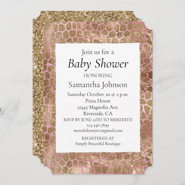 Girly Pink Gold Giraffe Print  Invitation (Front/Back)