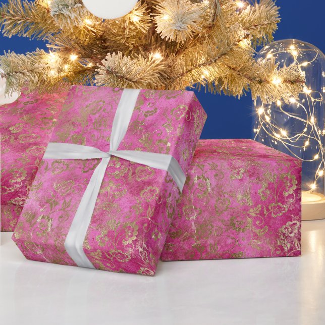Girly Pink Gold Glam Floral Wrapping Paper (Holidays)