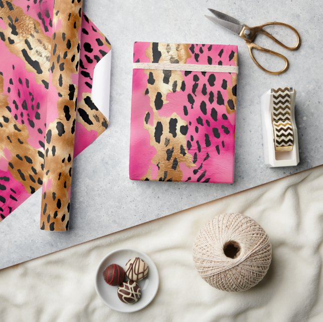 Girly Pink Gold Glam Leopard Print Abstract Wrapping Paper (Crafts)