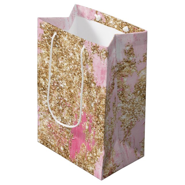 Girly Pink Gold Glitter Birthday Medium Gift Bag (Front Angled)