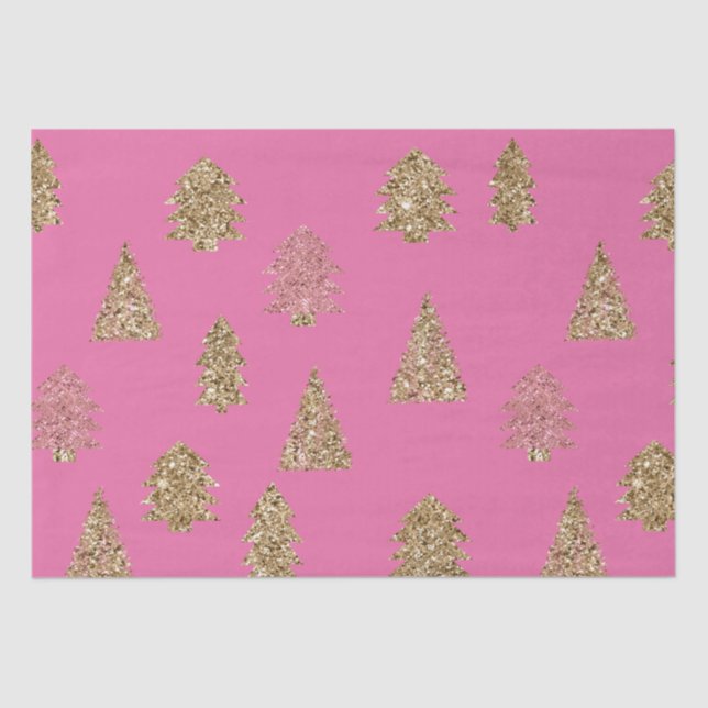 Girly Pink Gold Glitter Glam Christmas Trees Tissue Paper (Front)