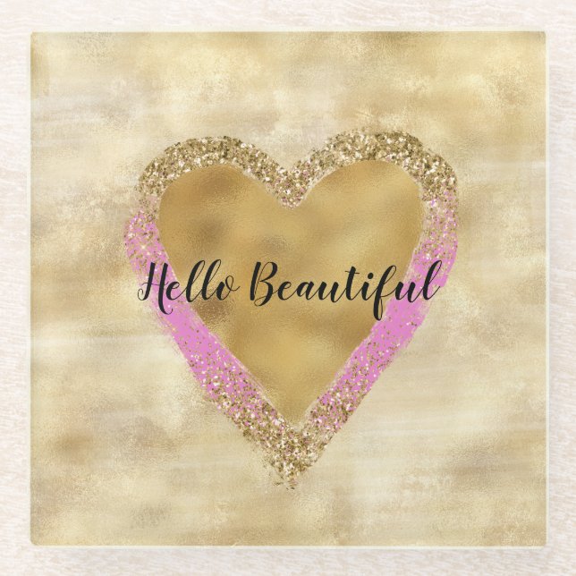 Girly Pink Gold Glitter Heart Glass Coaster (Front)