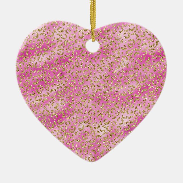 Girly Pink Gold Glitter Leopard Print Ceramic Ornament (Front)