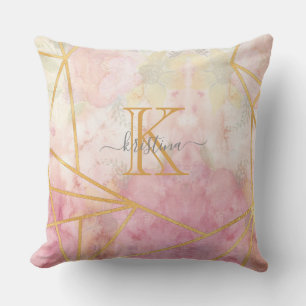 Girly Pink Gold Glitter Sparkle Monogram Floral Cushion