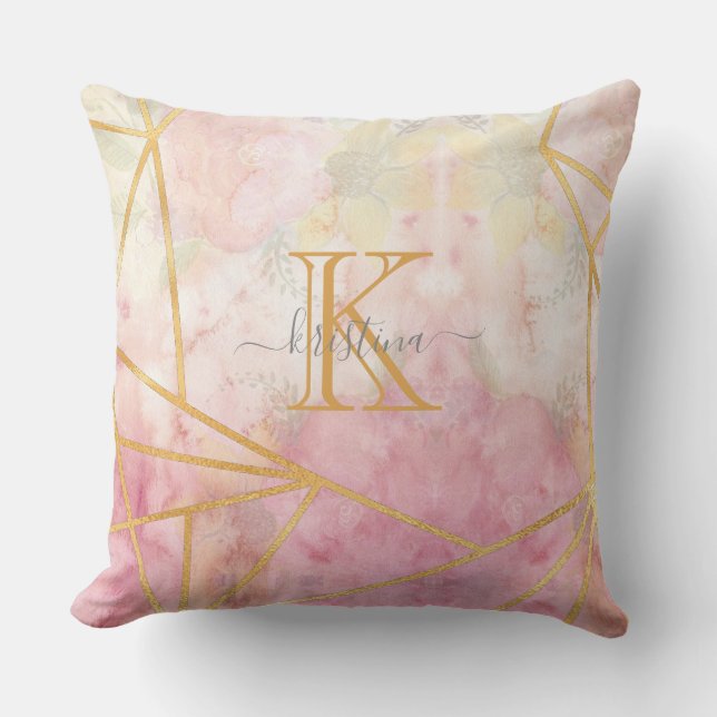 Girly Pink Gold Glitter Sparkle Monogram Floral Cushion (Front)