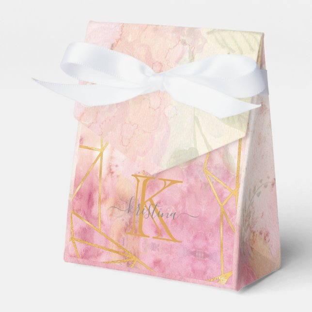 Girly Pink Gold Glitter Sparkle Monogram Floral Favour Box (Front Side)