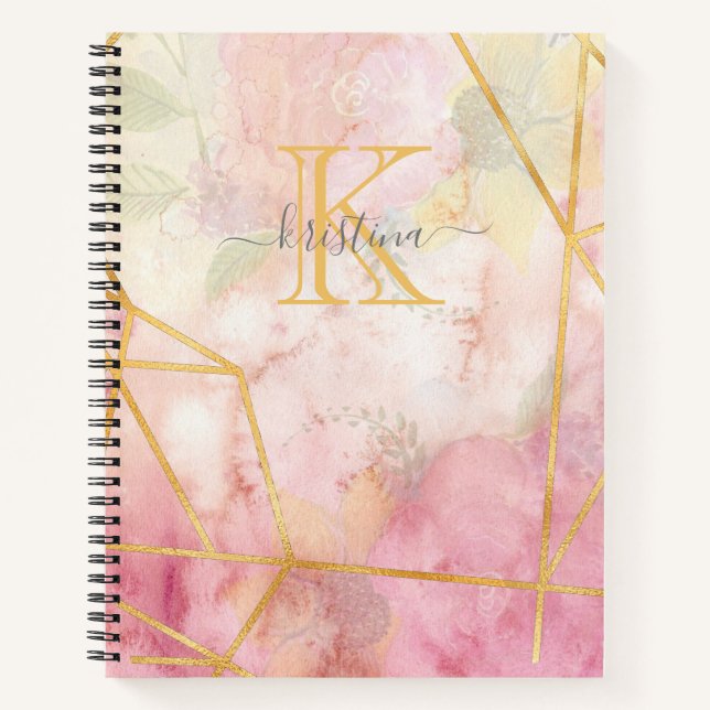Girly Pink Gold Glitter Sparkle Monogram Floral Notebook (Front)