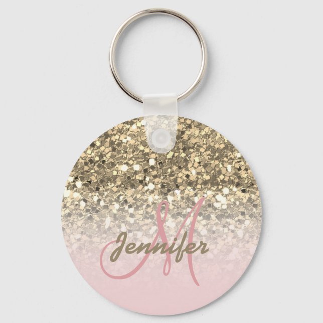 Girly Pink Gold Glitter Sparkles Monogram Name Key Ring (Front)