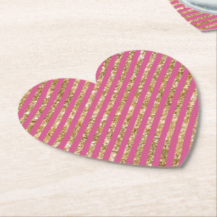 Girly Pink Gold Glitter Stripes Paper Coaster