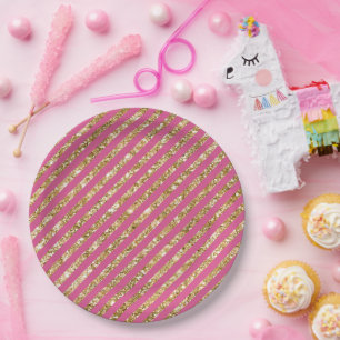 Girly Pink Gold Glitter Stripes Paper Plate