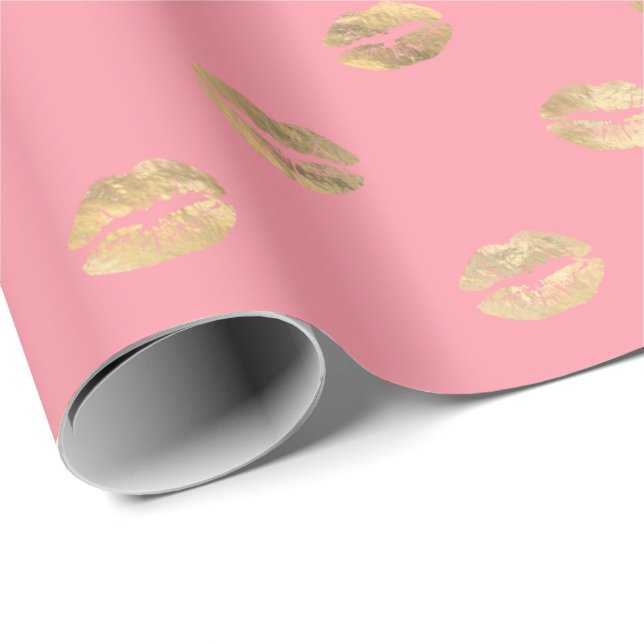 Girly Pink Gold Kiss Lips Pattern Wrapping Paper (Roll Corner)