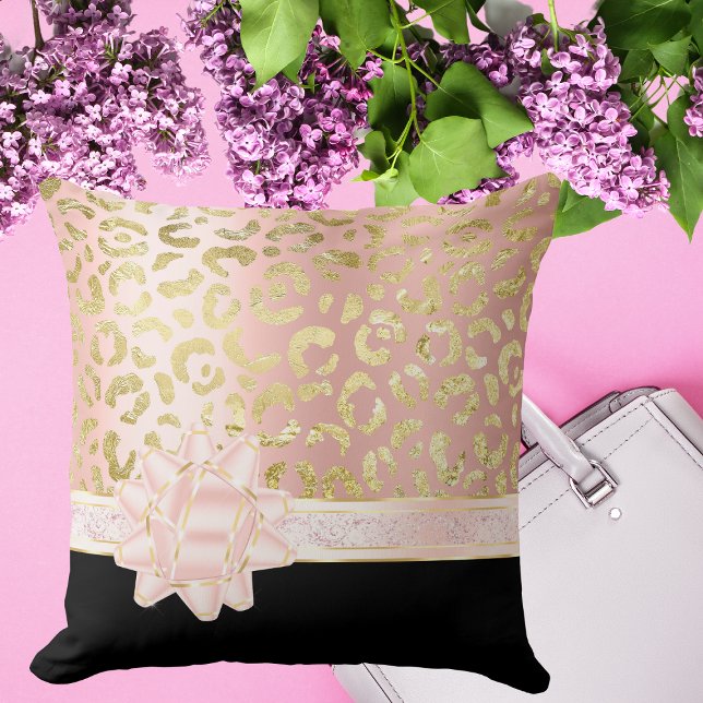 Girly Pink Gold Leopard Black Pale Pink Bow Ribbon Cushion (Creator Uploaded)