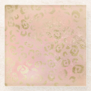 Girly Pink Gold Leopard Glass Coaster