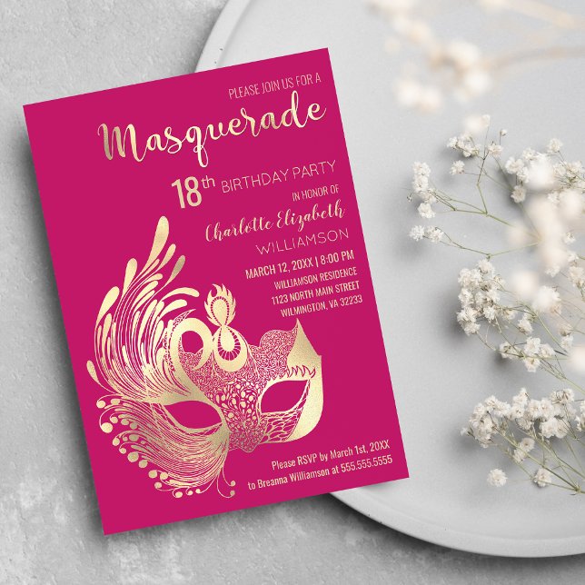 Girly Pink  Gold Masquerade 18th Birthday Party Magnetic Invitation (Girly Pink Gold Masquerade 18th Birthday Party Magnetic )