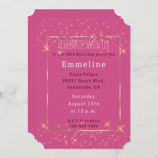Girly Pink Gold Sparkles Birthday Invitation (Front/Back)