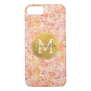 Girly Pink Gold Watercolor Confetti Monogram iPhone 8/7 Case