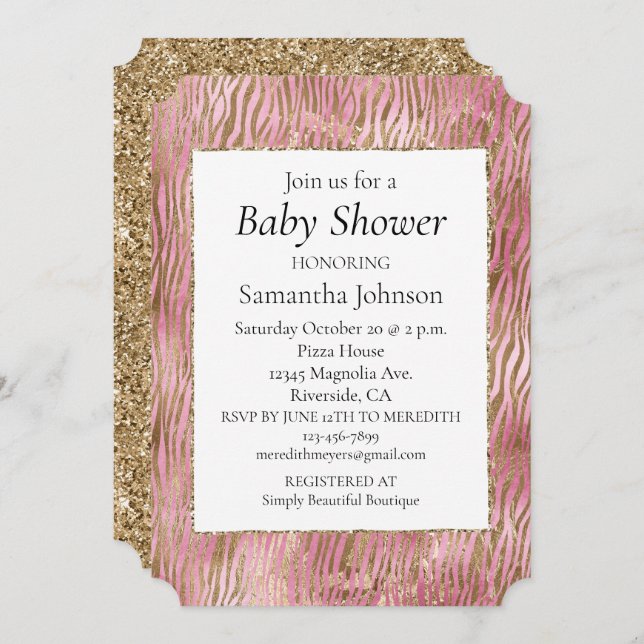 Girly Pink Gold Zebra Print Invitation (Front/Back)