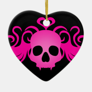 Girly pink goth fanged vampire skull on black ceramic ornament