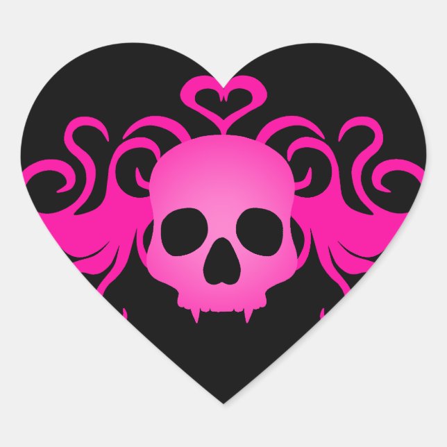 Girly pink goth fanged vampire skull on black heart sticker (Front)