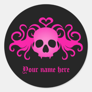 Girly pink goth skull on black classic round sticker