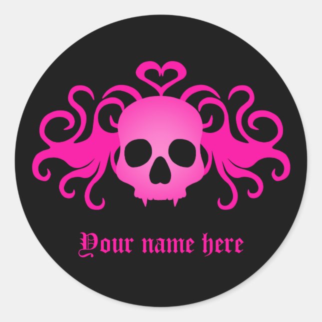 Girly pink goth skull on black classic round sticker (Front)