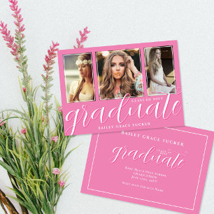 Girly Pink Graduate Script 3-Photo Graduation Announcement