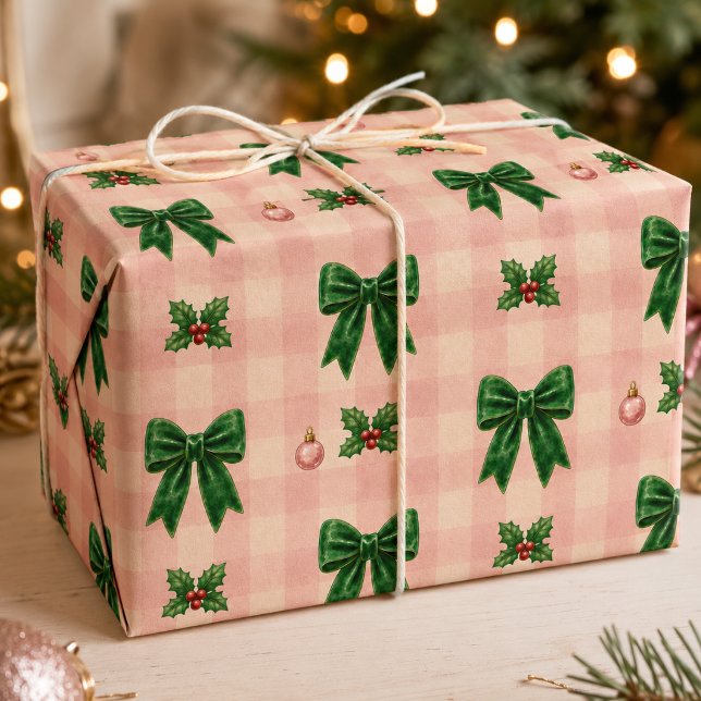 Girly Pink Green Gingham Christmas Bow Pattern Wrapping Paper (Creator Uploaded)