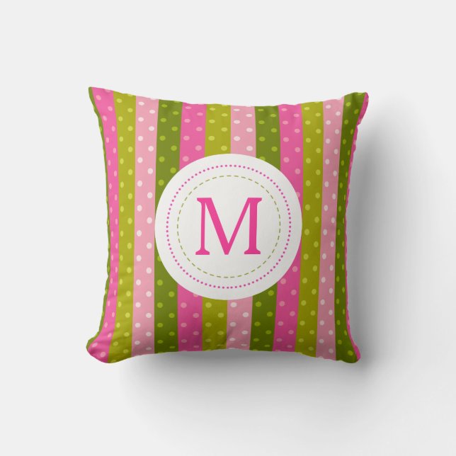 Girly Pink & Green Polka Dot Stripes  Monogram Cushion (Front)
