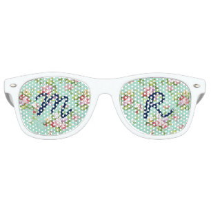 Girly pink green roses flowers pattern monogram retro sunglasses