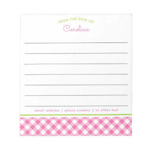 Girly Pink & Green Script Gingham Lined Notepad