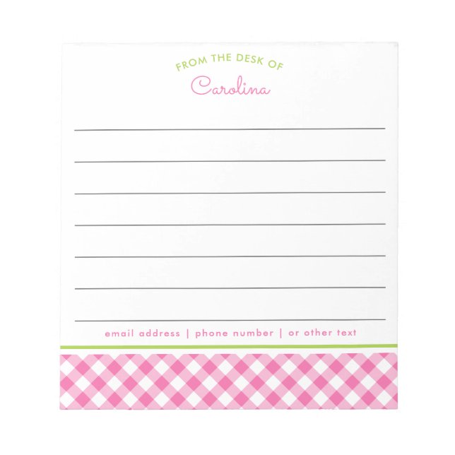 Girly Pink & Green Script Gingham Lined Notepad (Front)