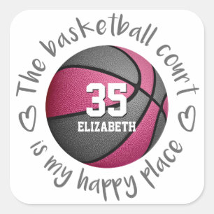 girly pink grey basketball court is my happy place square sticker