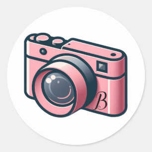 Girly Pink & Grey Camera Photography Personalised Classic Round Sticker