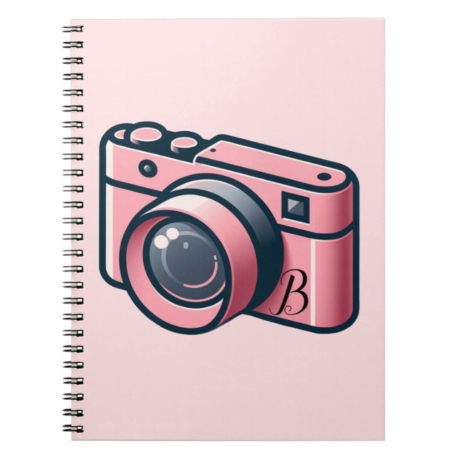 Girly Pink & Grey Camera Photography Personalised Notebook (Front)