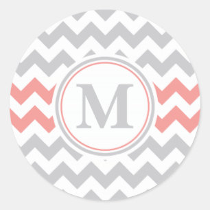 Girly Pink Grey Chevron Pattern with Monogram Classic Round Sticker