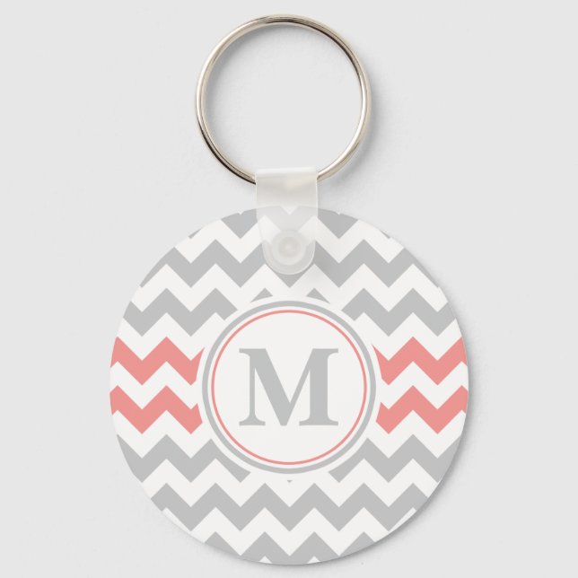 Girly Pink Grey Chevron Pattern with Monogram Key Ring (Front)
