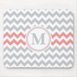 Girly Pink Grey Chevron Pattern with Monogram Mouse Pad