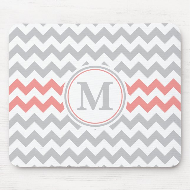 Girly Pink Grey Chevron Pattern with Monogram Mouse Pad (Front)