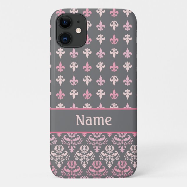 Girly Pink Grey Fleur de Lis Damask iPhone 5 Case (Back)